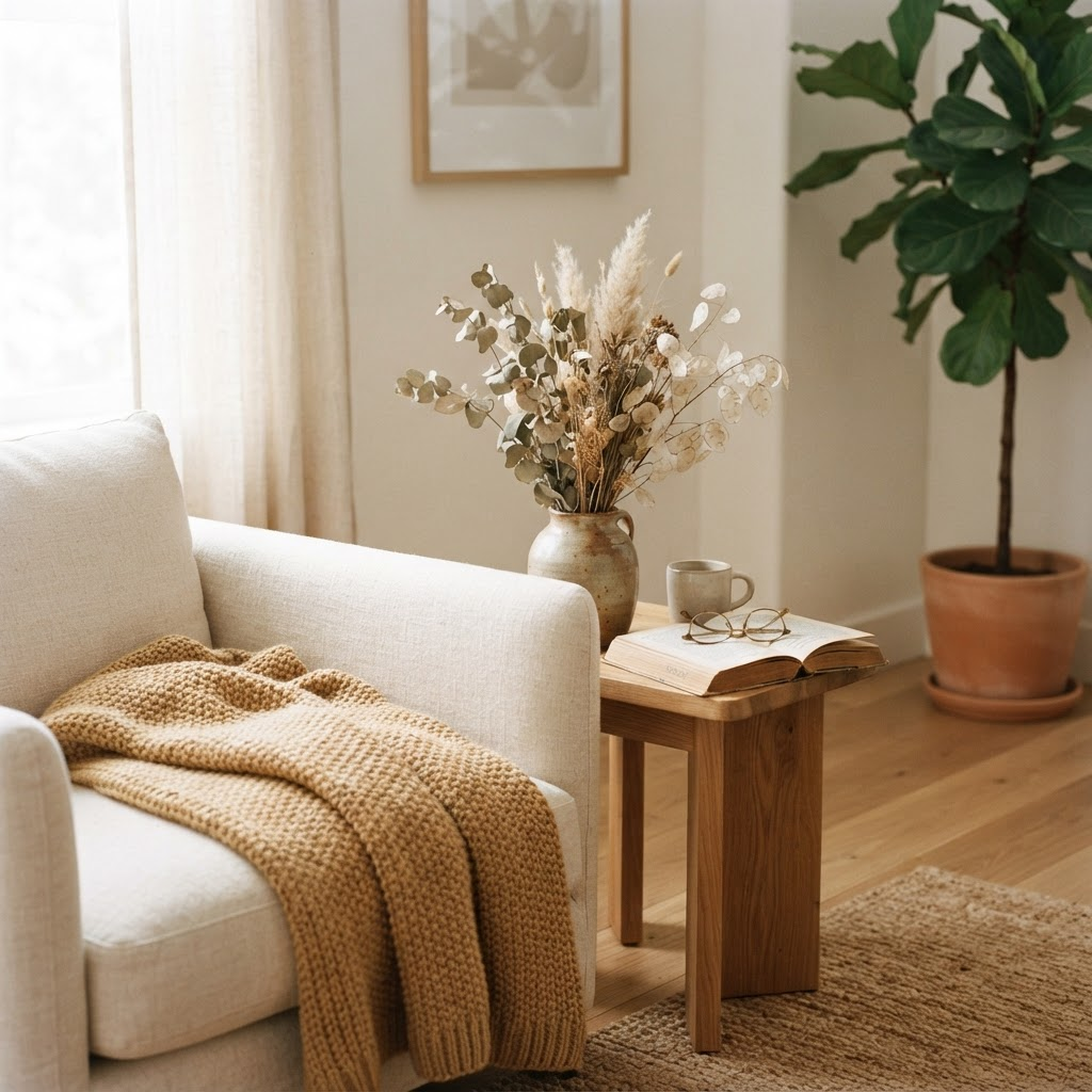 A cozy sunlit living room corner with a linen armchair, knit throw, and dried botanicals