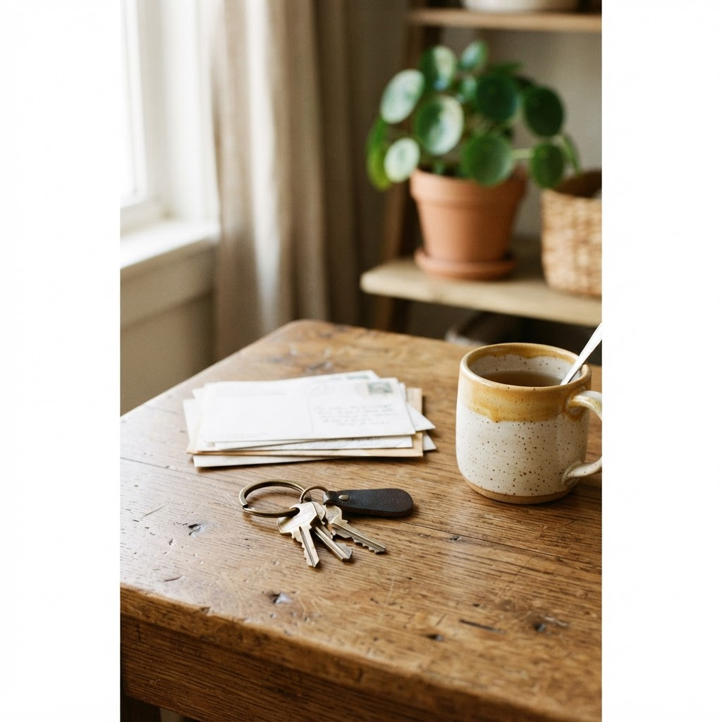 House keys and mail resting on a warm wooden entry table